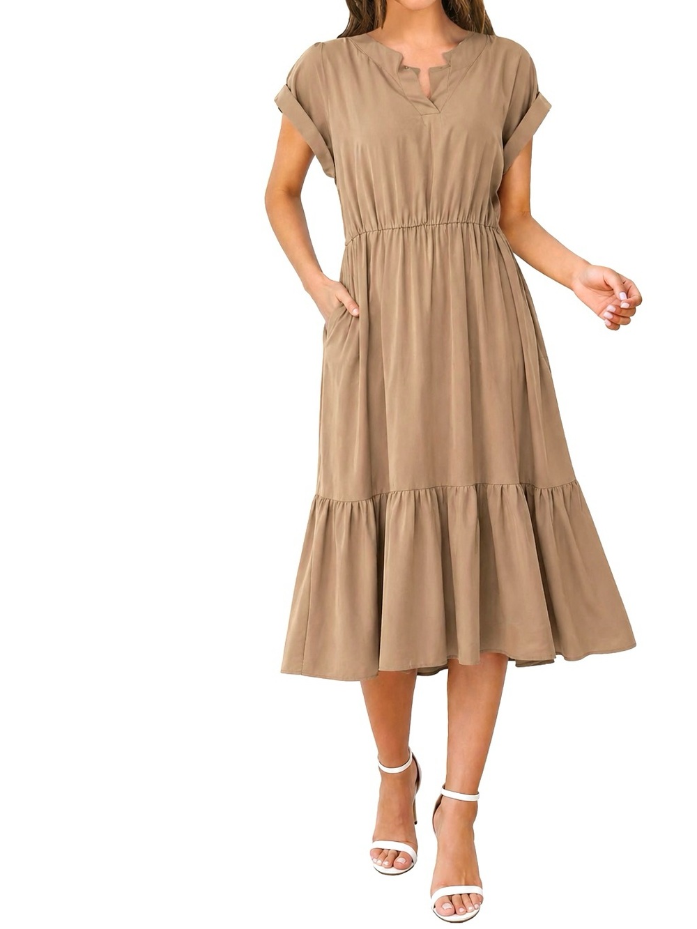 Beige Tiered V-Neck Dress